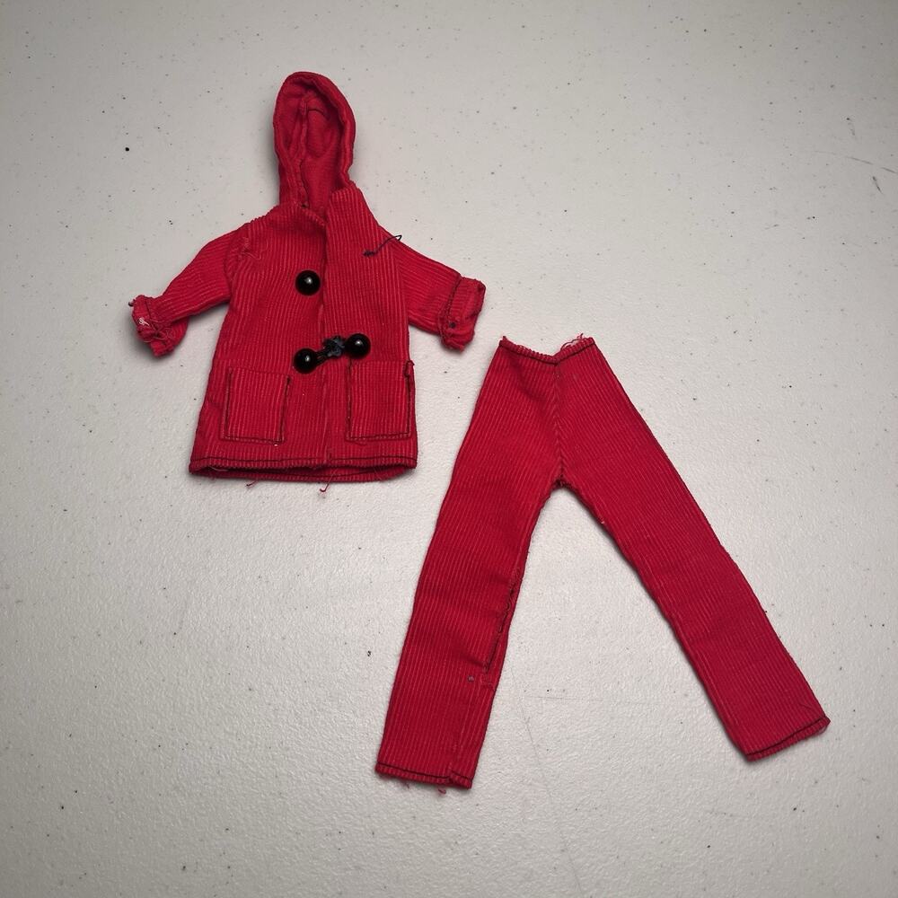 Vintage Barbie Red Corduroy Hooded Winter Coat & Pants Outfit Set MISSING Button - Picture 2 of 9